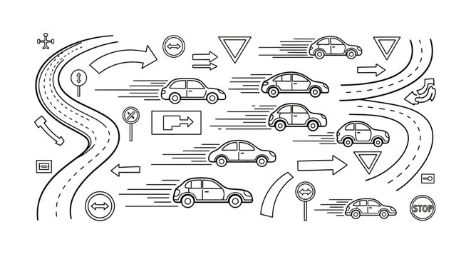 Hand drawn collection of cars driving on roads with traffic signs.