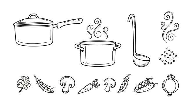 Hand drawn collection of cooking pots vegetables and utensils.