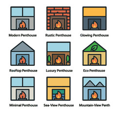 Set of nine penthouse icons featuring diverse architectures and fireplace designs