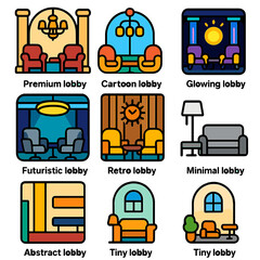 Vibrant lobby icons: premium, cartoon, futuristic, retro, minimal, abstract styles