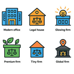 Icon set depicting various law firm styles and concepts
