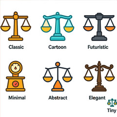 Diverse styles of balance scales: classic, cartoon, futuristic, and more