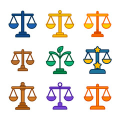 Colorful balance and justice icons with stars and leaf design