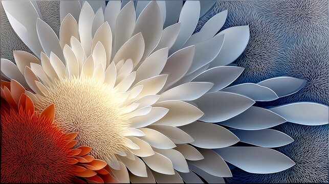 AI-generated stylized floral illustration in a constrained palette of red, white and desaturated blue with lots of texture