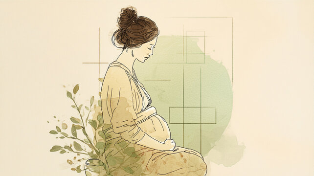 妊婦の女性が和室で呼吸を整える線画イラスト、緑の水彩と障子