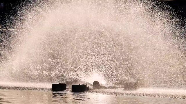 Water aerator splashing and spraying in a Moscow pond with glittering fresh droplets