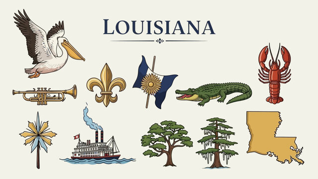 Vibrant collection of Louisiana state symbols and cultural icons, showcasing the unique heritage, wildlife, and landmarks of the Southern United States