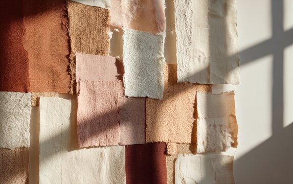 Earth-toned fabric swatches arranged in a textured collage with soft shadows