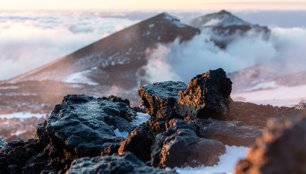 A majestic mountain landscape with snow-capped peaks and rugged rocky terrain at sunrise