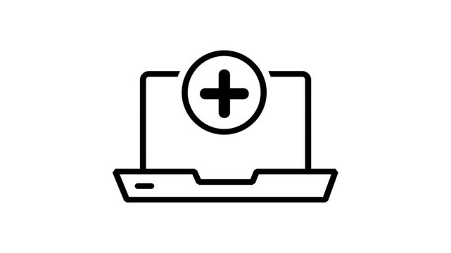 Add Computer icon motion. Laptop computer icon with a plus symbol for adding new devices, hardware installation, or registration.