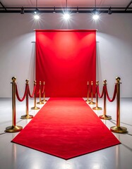 Obraz premium Red Carpet Event with Gold Stanchions and Dramatic Lighting in White Studio