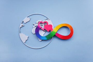 Rainbow infinity symbol, hearts, earth representing neurodiversity inclusion and autism awareness
