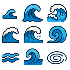 Blue ocean waves icons collection featuring various wave shapes and styles