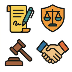 Legal icons: justice scale, signed document, gavel, handshake