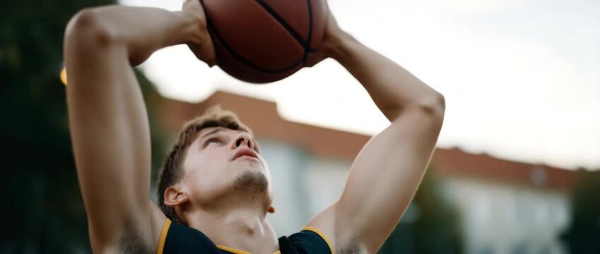 A focused young player aligns for a perfect basketball shot at dusk.