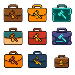 Colorful briefcase icons with judge gavel in modern design style