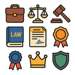 Legal icons set: briefcase, scales, gavel, law book, contract, medal