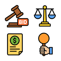 Auction symbols: gavel, scales, bid paddle, legal contract icons