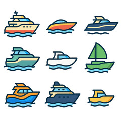 Colorful boat and yacht icons set on stylized waves background