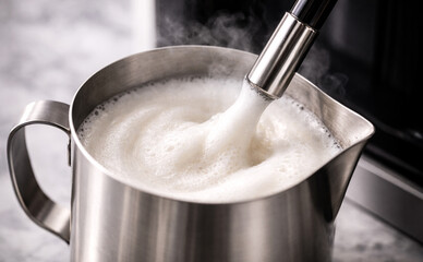 Steaming milk being frothed with a metal steam wand in a stainless steel pitcher. Creamy milk foam texture, barista technique, coffee preparation process for cappuccino or latte.