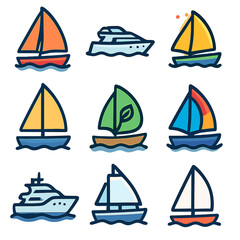 Collection of colorful boat icons with nautical and nature elements