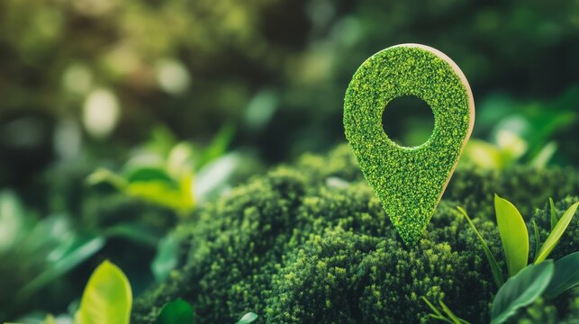 Green forest location pin shows the way for tourists interested in sustainable travel for Environment Day and World Forestry Day in a natural setting - Powered by Adobe