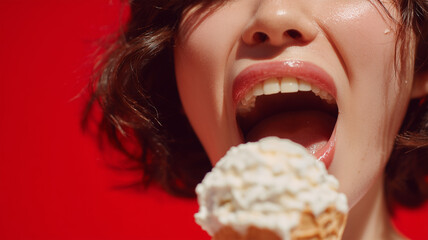 日本人女性がアイスクリームを食べる瞬間