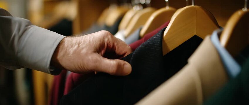 A well-dressed person picks a suit from a clothing rack, symbolizing fashion choices.