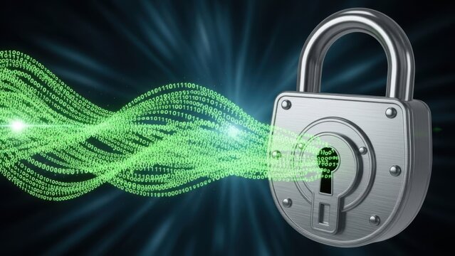 Digital security concept - padlock with glowing green data streams.