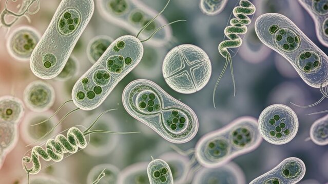 Microscopic view of various bacteria and microorganisms in detail.