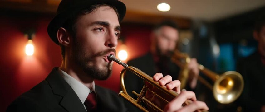 A skilled musician passionately playing the trumpet in a lively jazz club atmosphere.