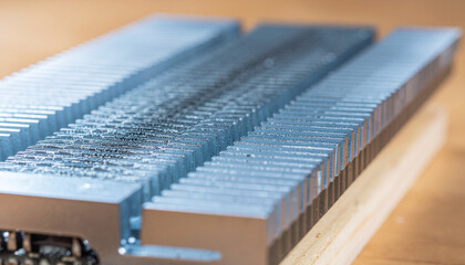 A close-up view of a metal heat sink on a wooden surface for electronics cooling