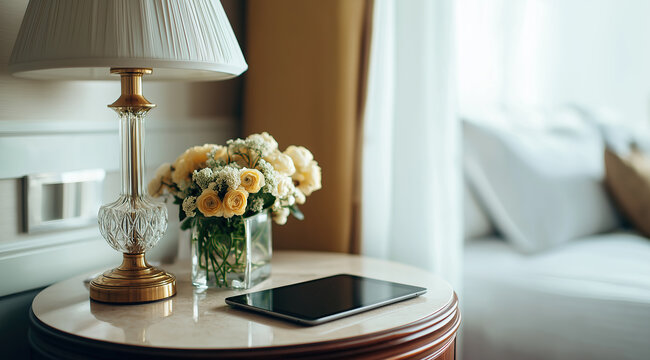 Tablet lies on bedside table beside lamp and fresh flower bouquet.​
