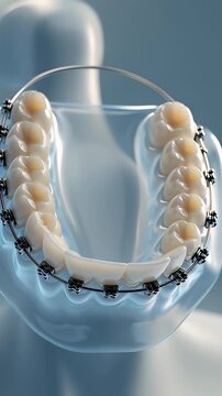 Cinematic orthodontic braces straightening white teeth in a macro 3D animation timelapse, illustrating dental alignment correction