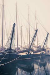 Historic cargo boats resting quietly on the river quay in Kampen during a foggy autumn morning