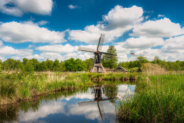 Dutch windmill in the landscape of the Dutch polder with marsh plants and reed plumes