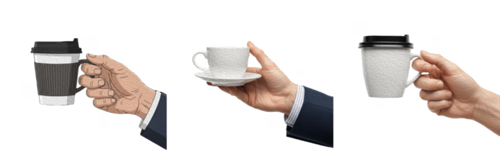 Set/Collection of human hand holding coffee cup, warm beverage for morning routine, cafe lifestyle, hot drink concept, relaxation and refreshment theme isolated on transparent PNG background