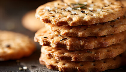 Stacked savory biscuits with crisp texture and perforated surface