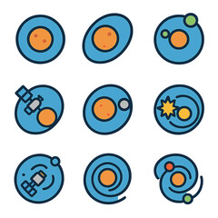 Minimalist icons of space elements with planets, satellites, and orbits