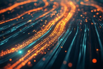 Dynamic digital roadmap visualization with flowing data points and glowing trails in orange and turquoise representing modern technology concepts for business processes