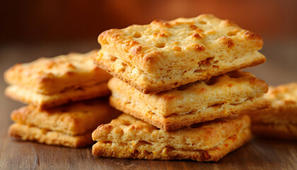 Stacked savory biscuits with crisp texture and perforated surface