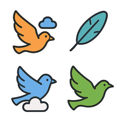 Fototapeta premium Colorful bird icons set with feather and cloud illustrations