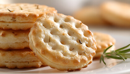 Stacked savory biscuits with crisp texture and perforated surface