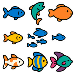 Colorful cartoon fish set on gradient background for creative designs