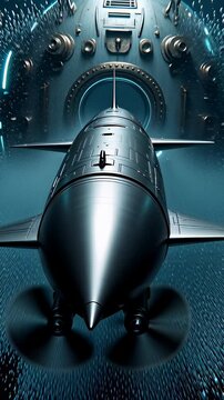 Silver metallic torpedo launching underwater from a submarine hatch with bubbles in a cinematic 3D animation, illustrating naval warfare and defense.