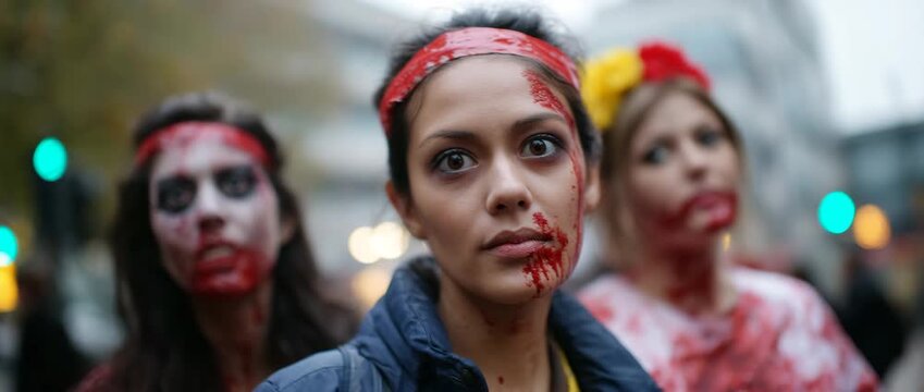 Participants in a Halloween parade dressed as zombies.