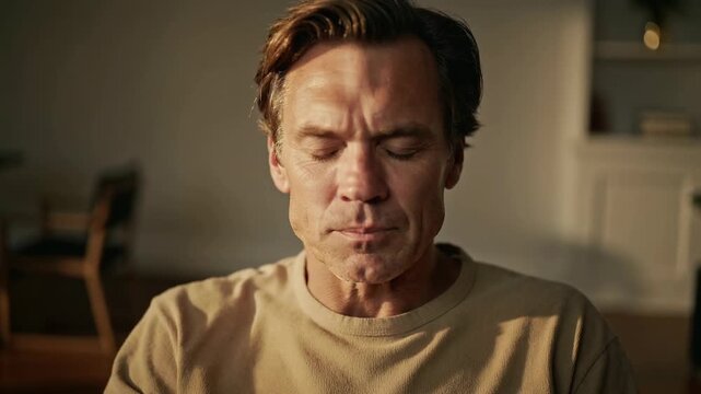 Middle-aged man meditating in a peaceful indoor setting  