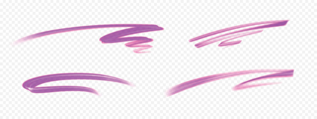 Pink marker strokes and highlights of pen. Set of hand-drawn brush lines isolated on transparent background
