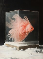 Surrealist scene with a flffy pink fish seemingly supended in a clear, square ontainer, which is itself esting on a snowy or icy srface.