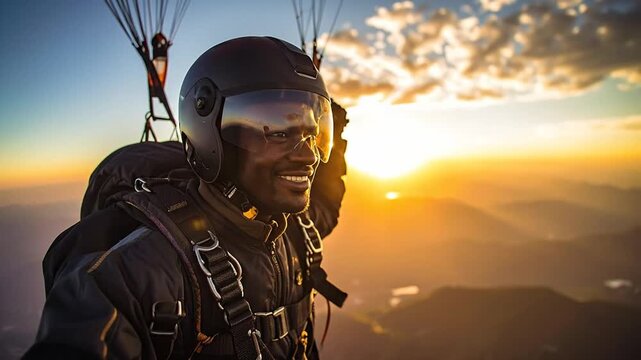 Smiling Paraglider Soaring at Sunset, Enjoying Scenic Views